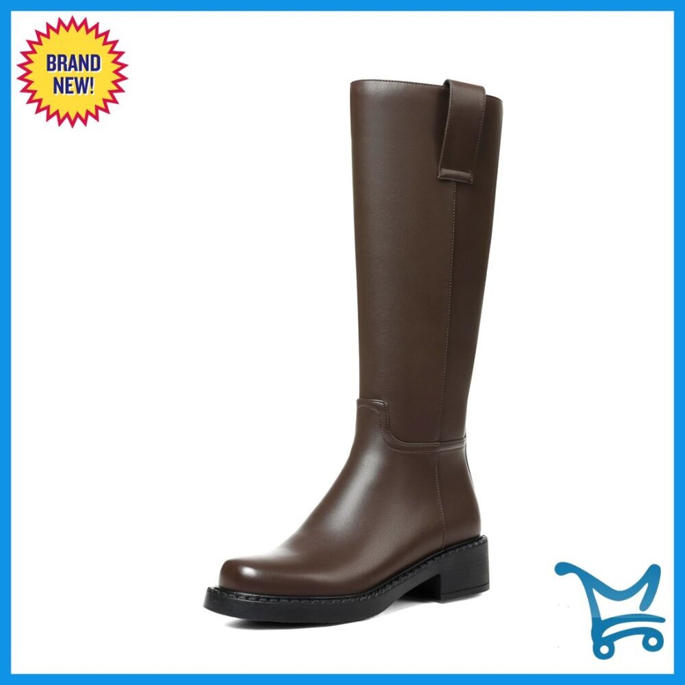 Wide Calf Knee High Boots Chunky Platform Low Heel Faux Leather Side Zipper
